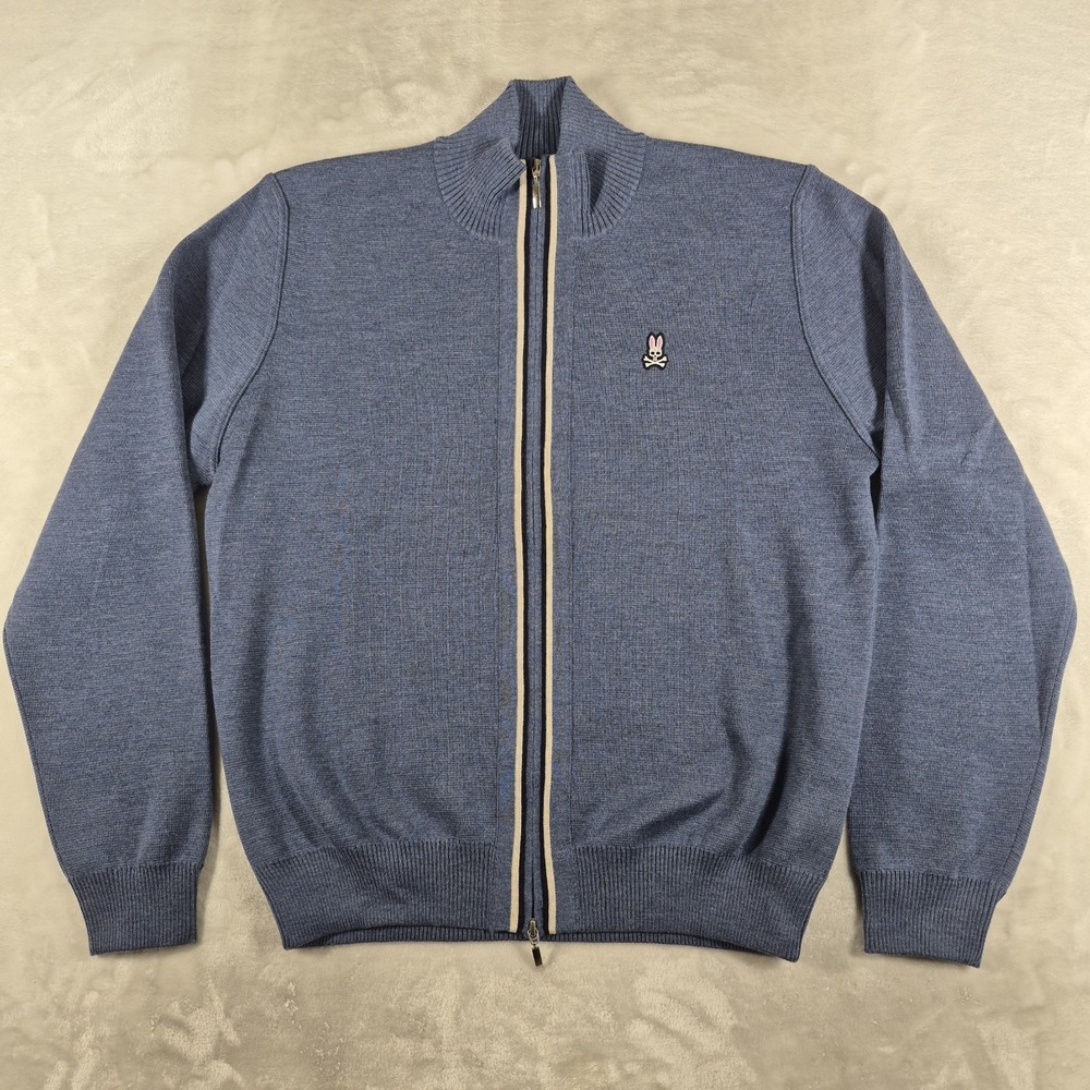 Psycho Bunny Full Zip Sweater Men's XL Blue Knit 100% Merino Wool Casual Comfort